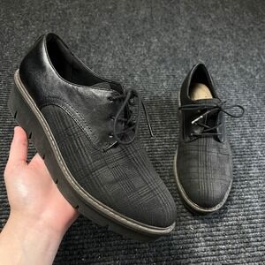 Clarks Sharon Noel Oxford Shoe Women 9 Black Leather Plaid Platform Wedge career